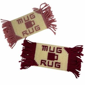 Vintage Handmade Needlepoint Pink Burgundy Mug Rug Yarn Drink Coasters